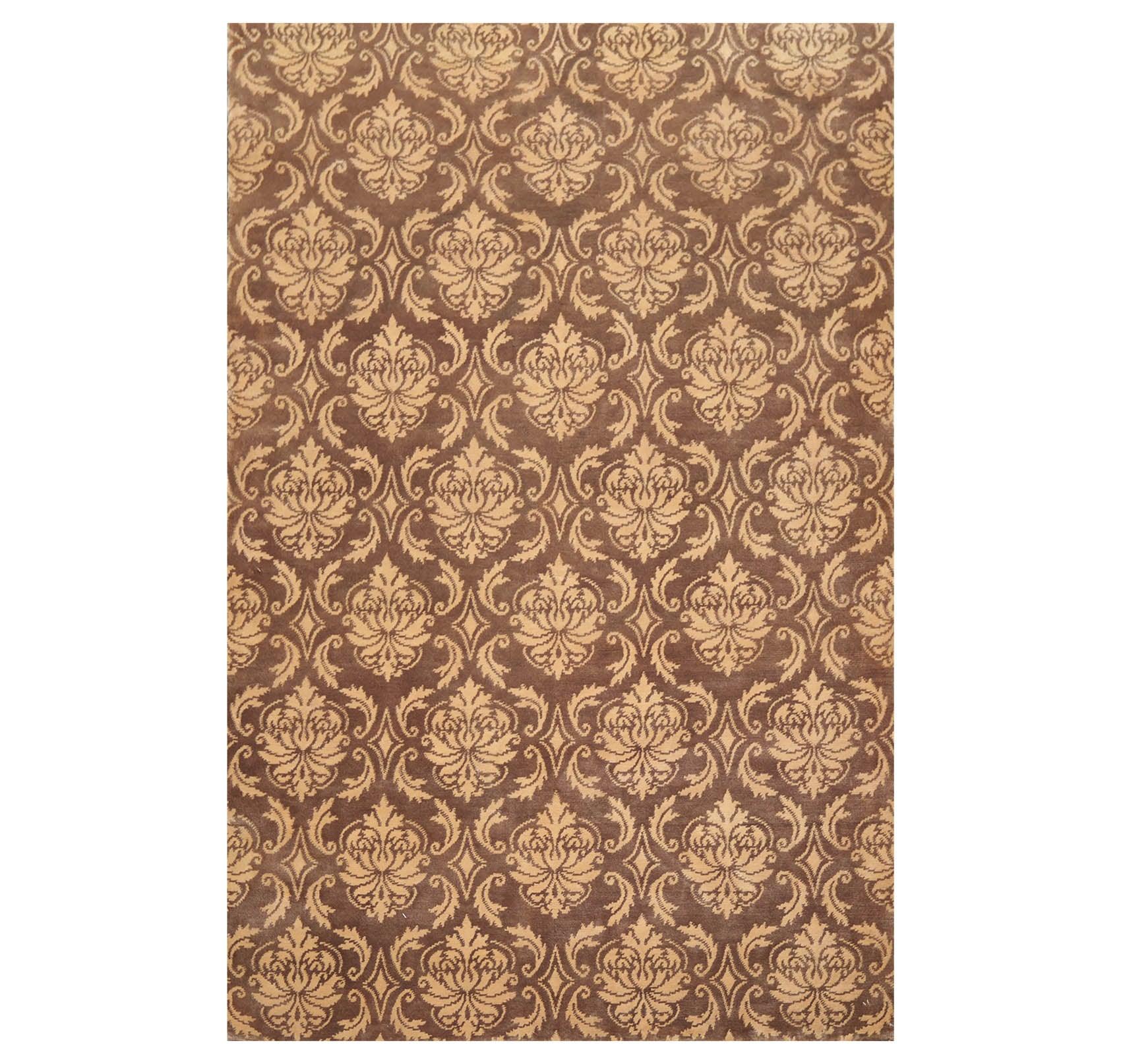 6'1" x 9'3" Hand Knotted Tibetan Wool Damask Designer Area Rug Brown Caramel-0