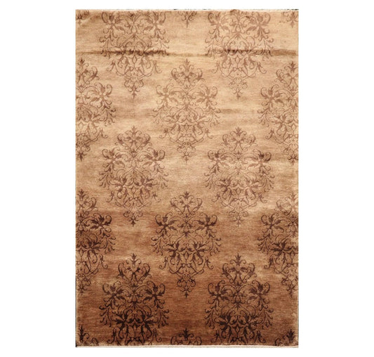 5'1'' x 7'10'' Hand Knotted Tibetan Wool Damask Designer Area Rug Brown, Tan-0