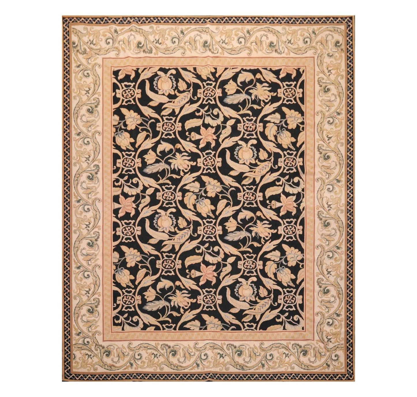 8'x10' Hand Woven Wool French Aubusson Botanical Flatweave Area Rug Black-0