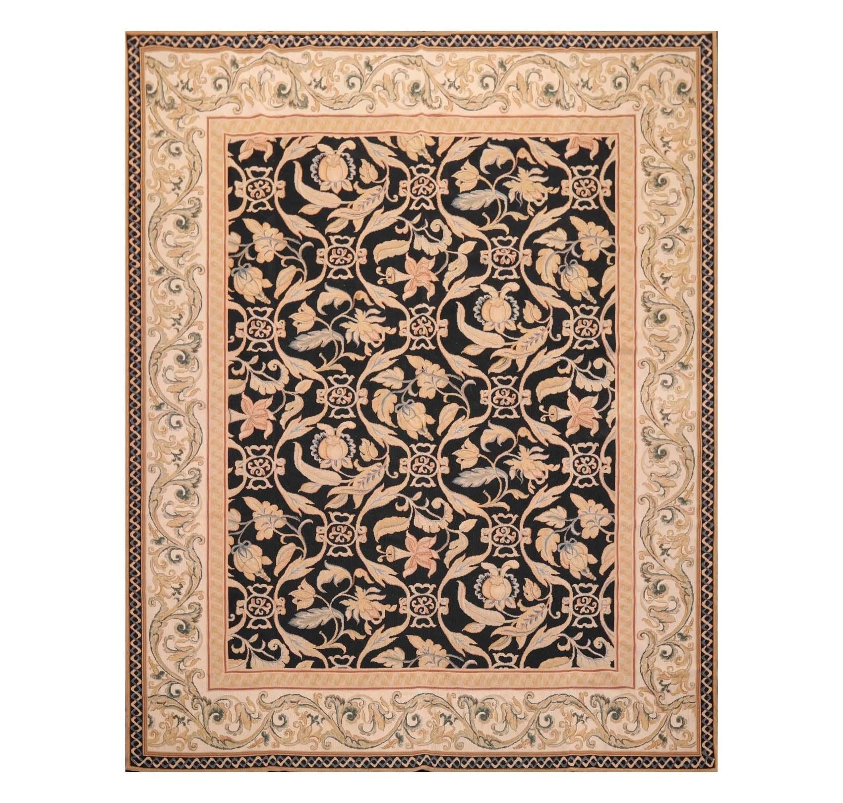 8'x10' Hand Woven Wool French Aubusson Botanical Flatweave Area Rug Black-0