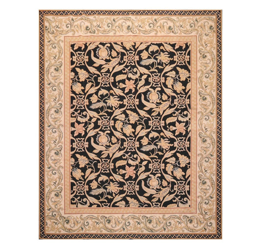 8'x10' Hand Woven Wool French Aubusson Botanical Flatweave Area Rug Black-0