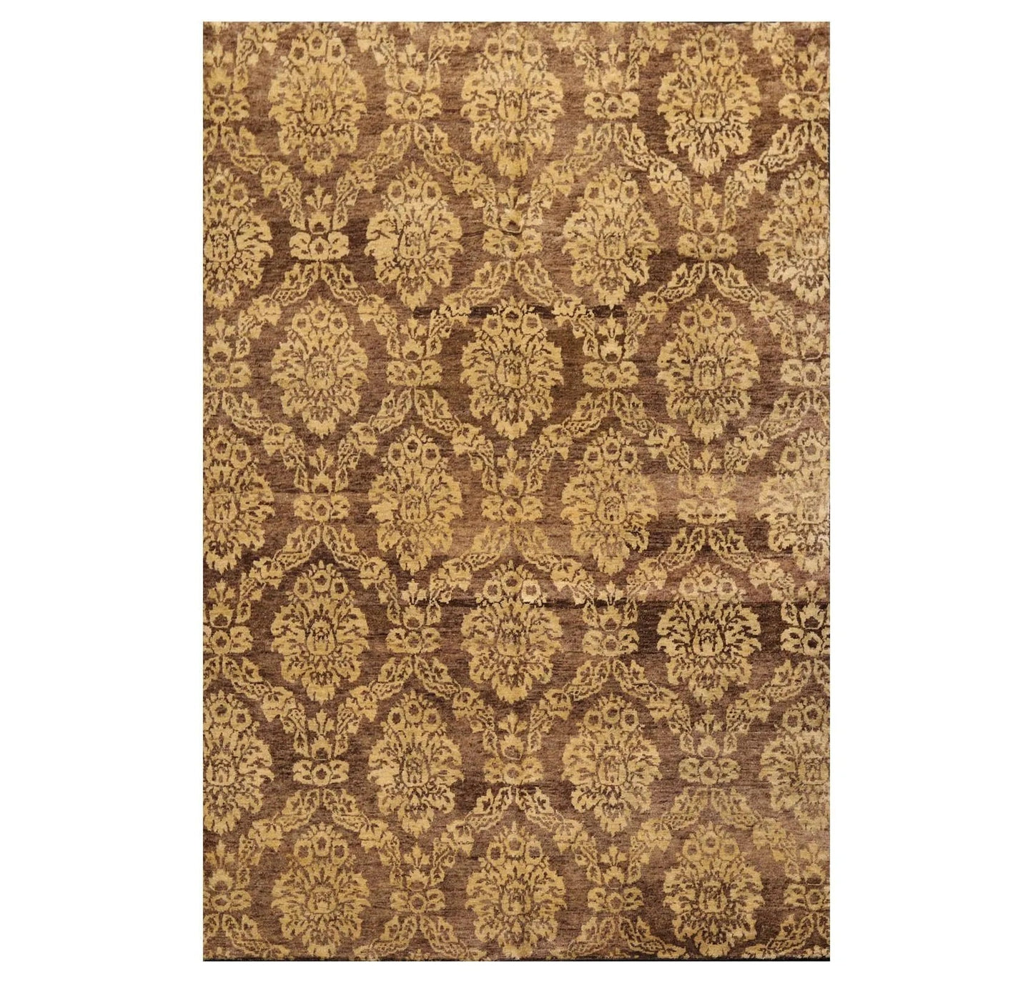 6' x 9' Hand Knotted New Zealand Wool Damask Area Rug Brown Light Gold Antique-0
