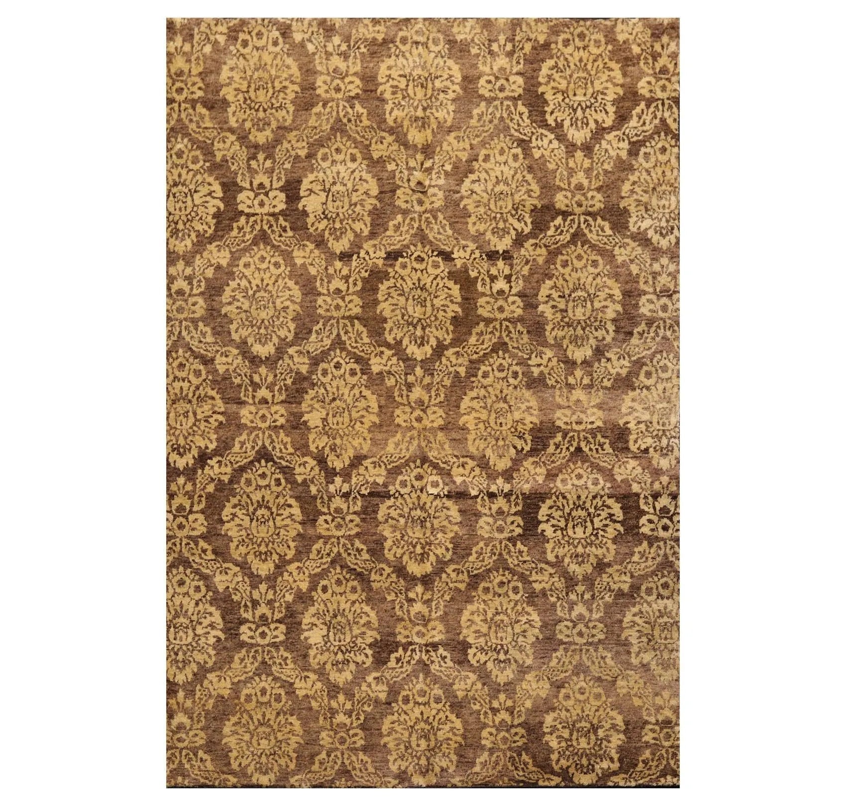 6' x 9' Hand Knotted New Zealand Wool Damask Area Rug Brown Light Gold Antique-0