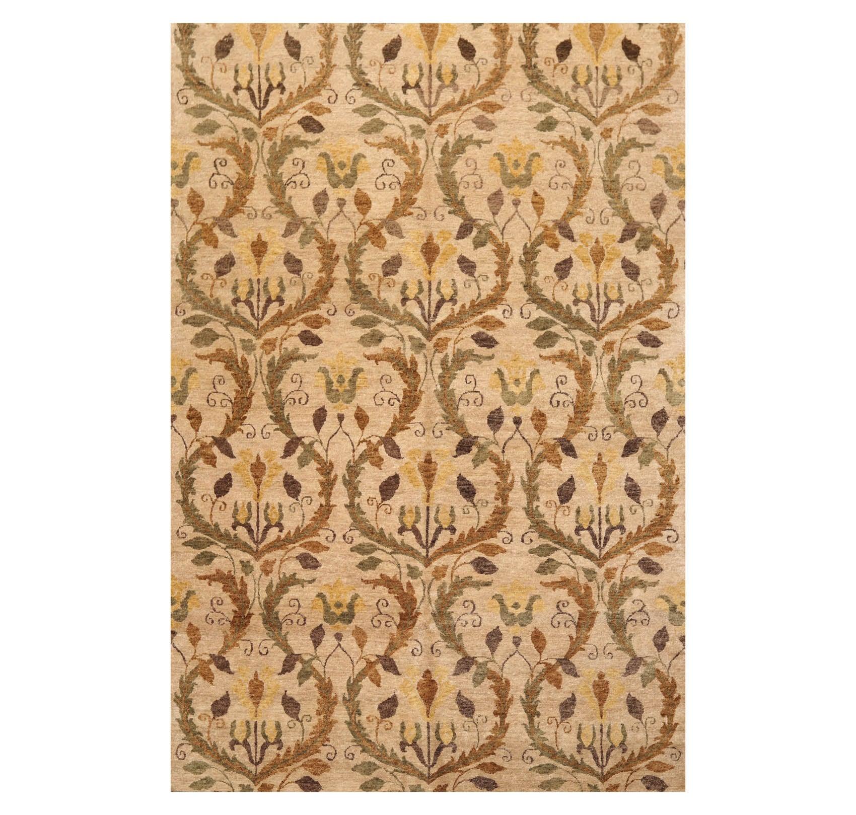 5'11" x 8'10" Hand Knotted Botanical New Zealand Wool Oriental Area Rug Tan-0