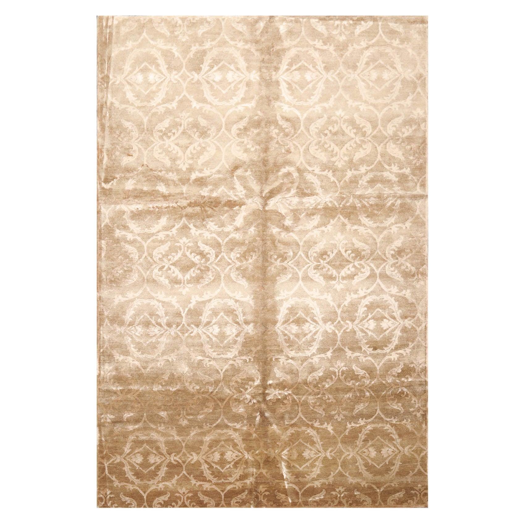 6'1" x 9'1" Hand Knotted Wool & Faux Silk Indo Tibetan Oriental Area Rug Tan-0