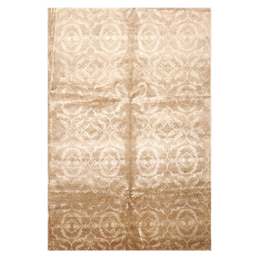 6'1" x 9'1" Hand Knotted Wool & Faux Silk Indo Tibetan Oriental Area Rug Tan-0