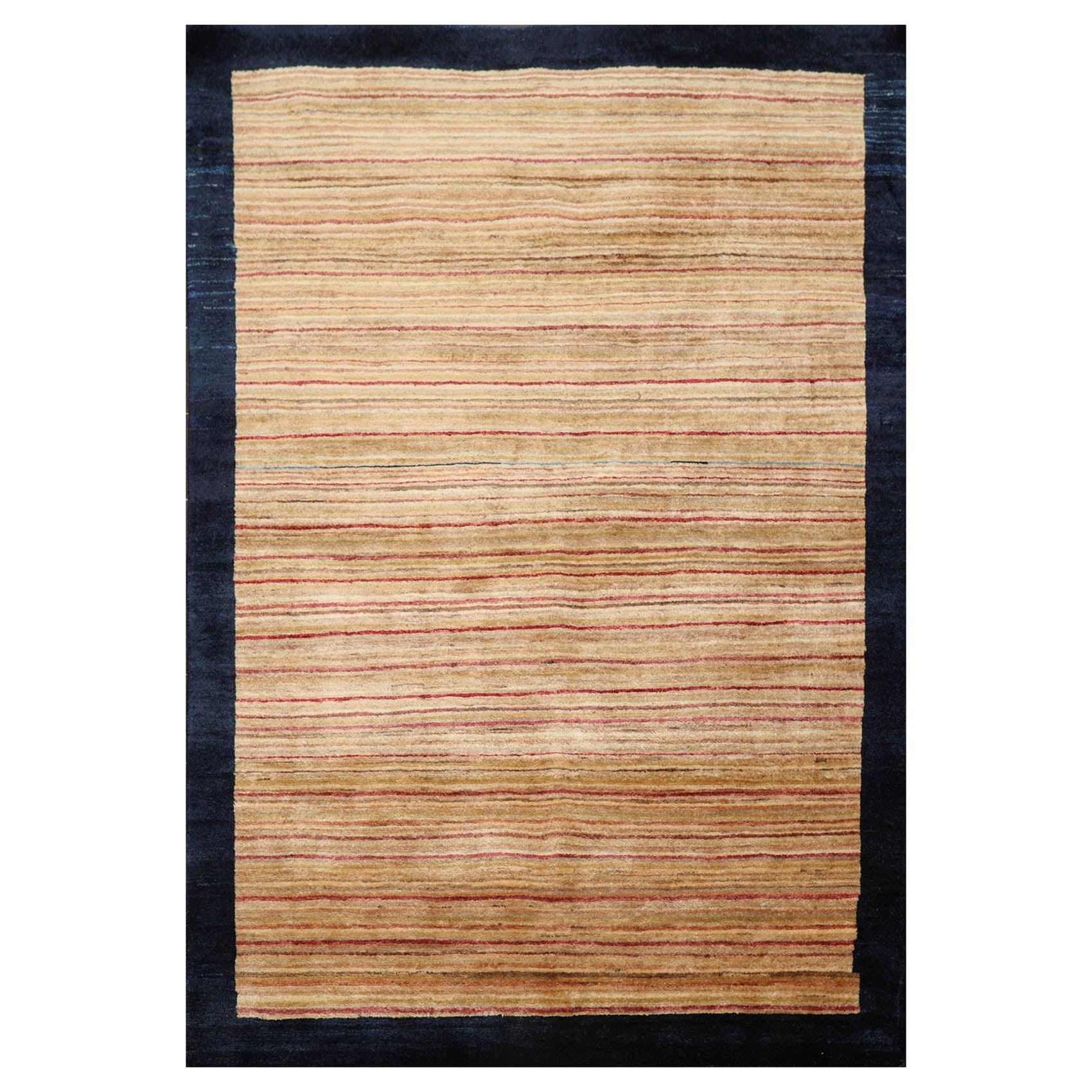 4'1" x 5'11" Hand Knotted 100% Wool Peshawar Modern Striped Area Rug Beige-0