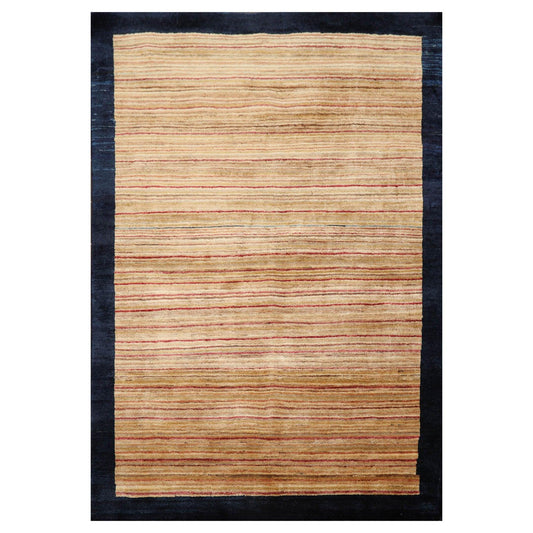 4'1" x 5'11" Hand Knotted 100% Wool Peshawar Modern Striped Area Rug Beige-0