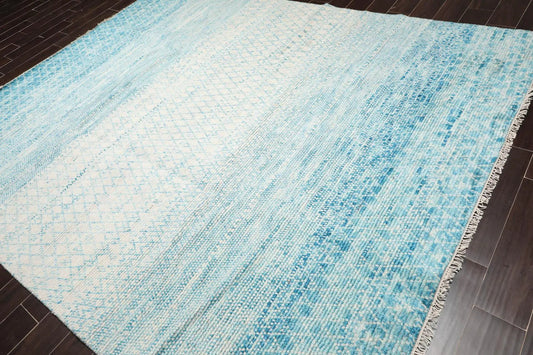 8' x 10' Hand Knotted 100% Wool Contemporary Modern Area Rug Ivory Aqua-0