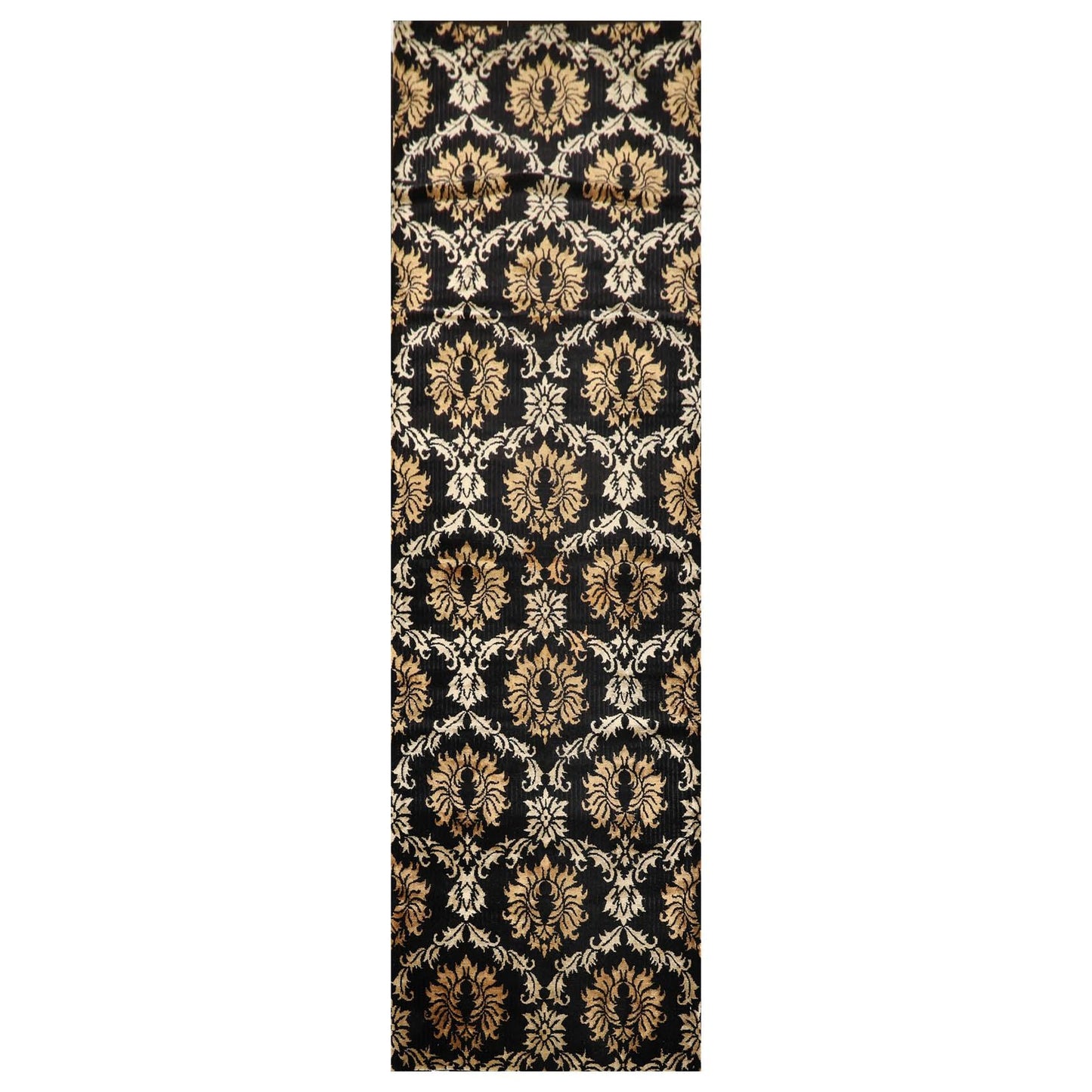 Runner Hand Knotted Wool & Silk Damask Tibetan Area Rug Black Gold 3'11" x 11'9"-0