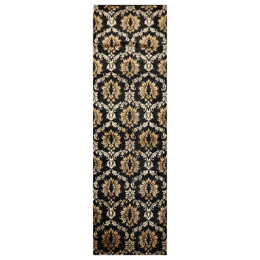 Runner Hand Knotted Wool & Silk Damask Tibetan Area Rug Black Gold 3'11" x 11'9"-0