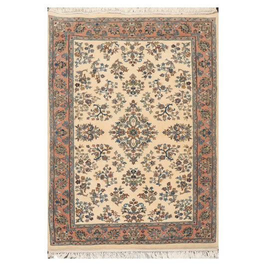 4'1" x 6' Hand Knotted Kerman Wool Traditional Oriental Area Rug Ivory-0