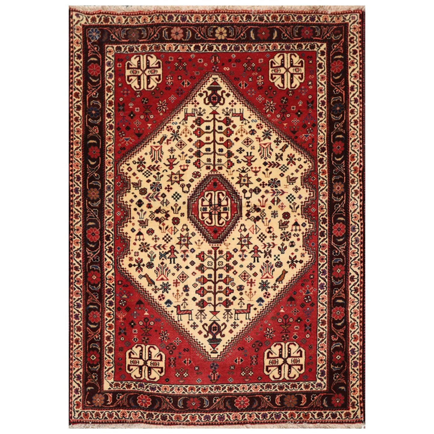 Ivory Red 3'4" x 4'9" Hand Knotted Wool Abadeh Traditional Oriental Area Rug-0