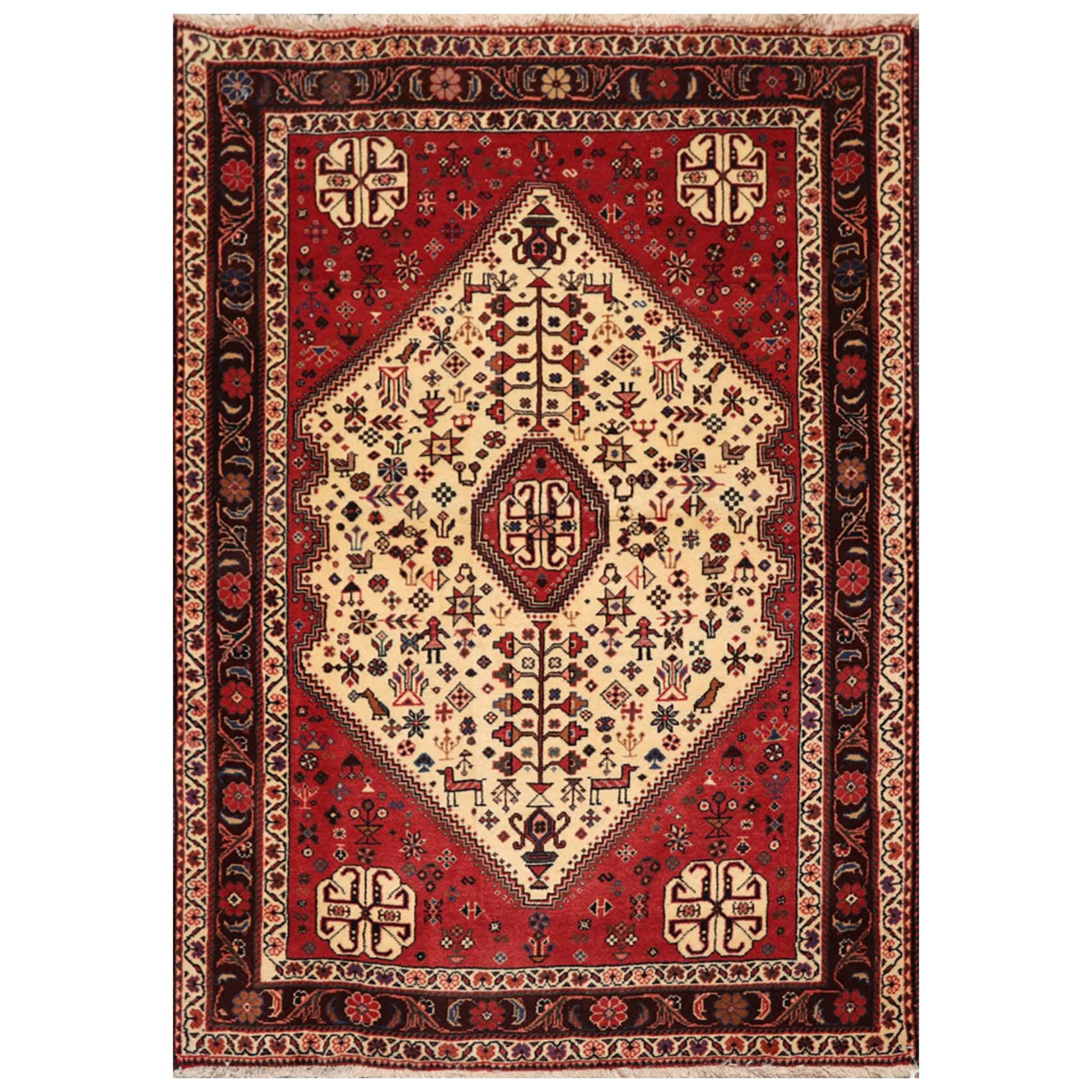 Ivory Red 3'4" x 4'9" Hand Knotted Wool Abadeh Traditional Oriental Area Rug-0