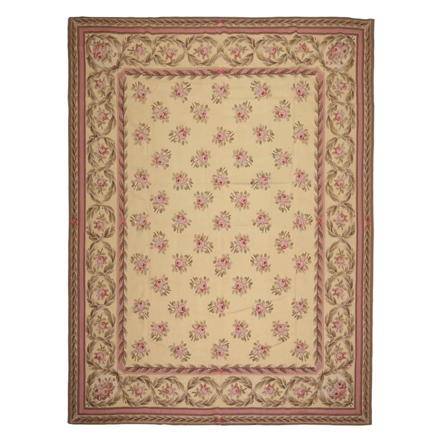 French Aubusson Hand Woven Wool Flatweave Area Rug Ivory 9’ x 12’-0