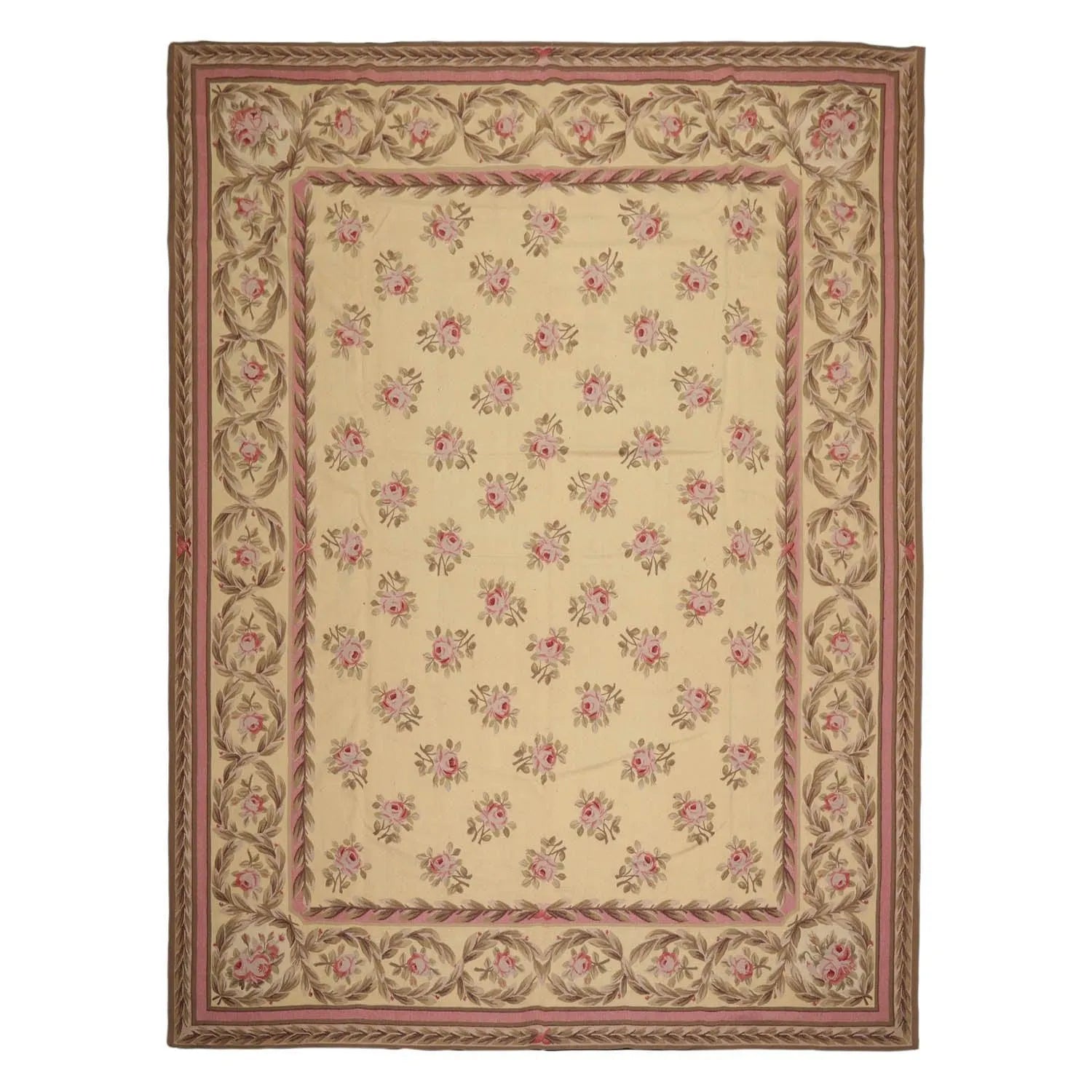 French Aubusson Hand Woven Wool Flatweave Area Rug Ivory 9’ x 12’-0