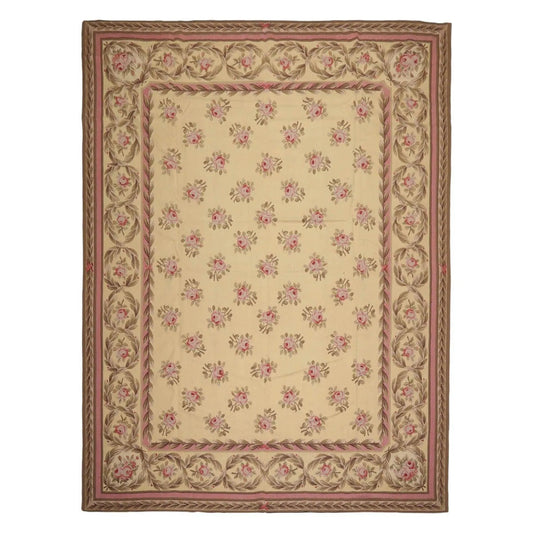 French Aubusson Hand Woven Wool Flatweave Area Rug Ivory 9’ x 12’-0