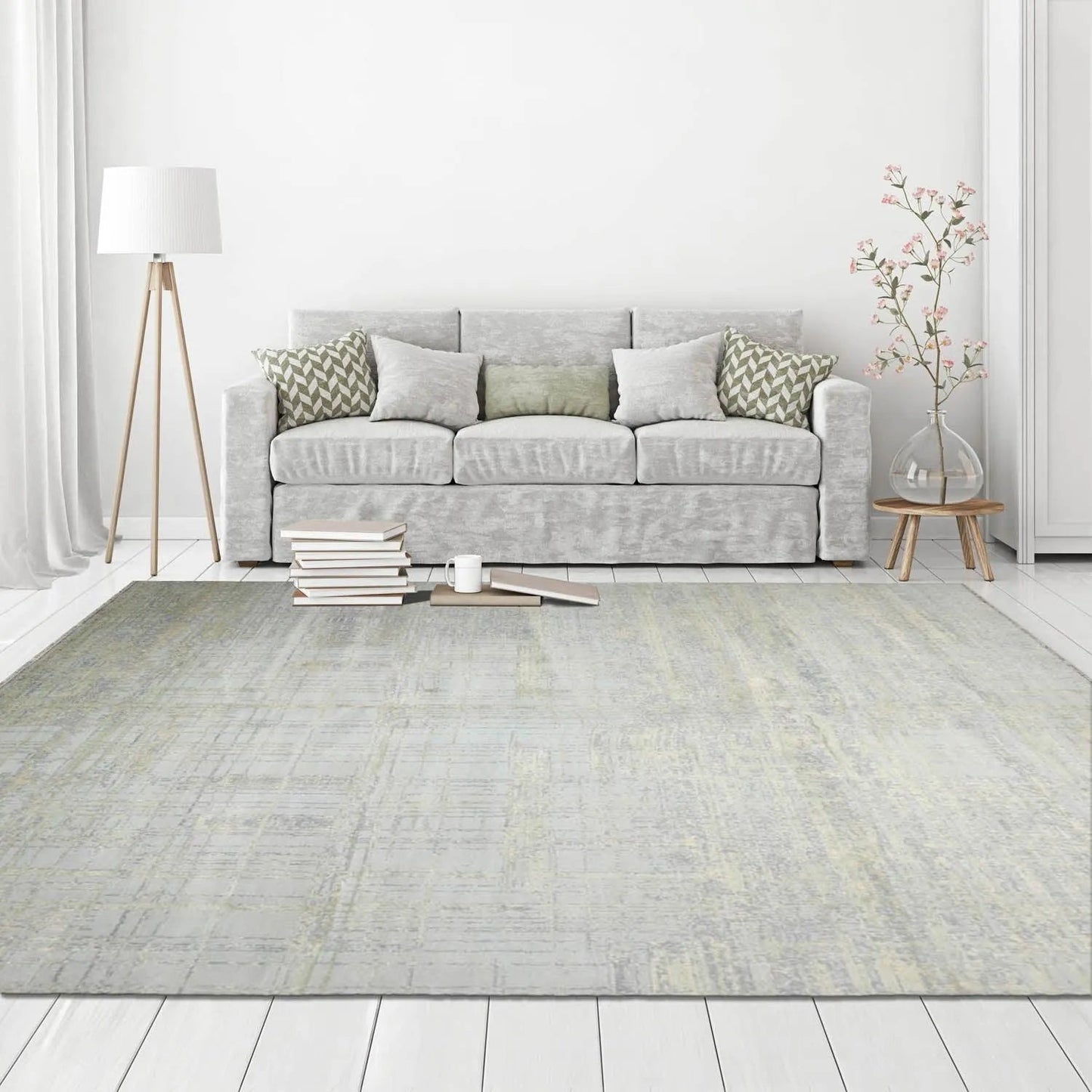Multi Sizes Tibetan Wool and Silk Oriental Area Rug Light Blue, Green Color-0