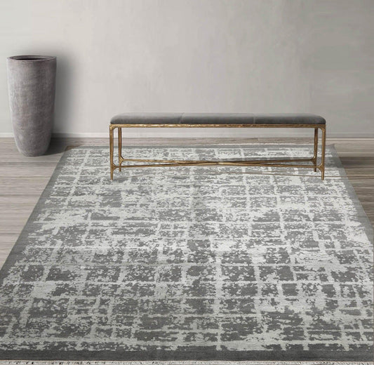 8’1" x 10’2"Hand Knotted Wool & Silk Tibetan Sherpa Oriental Area Rug Gray-0