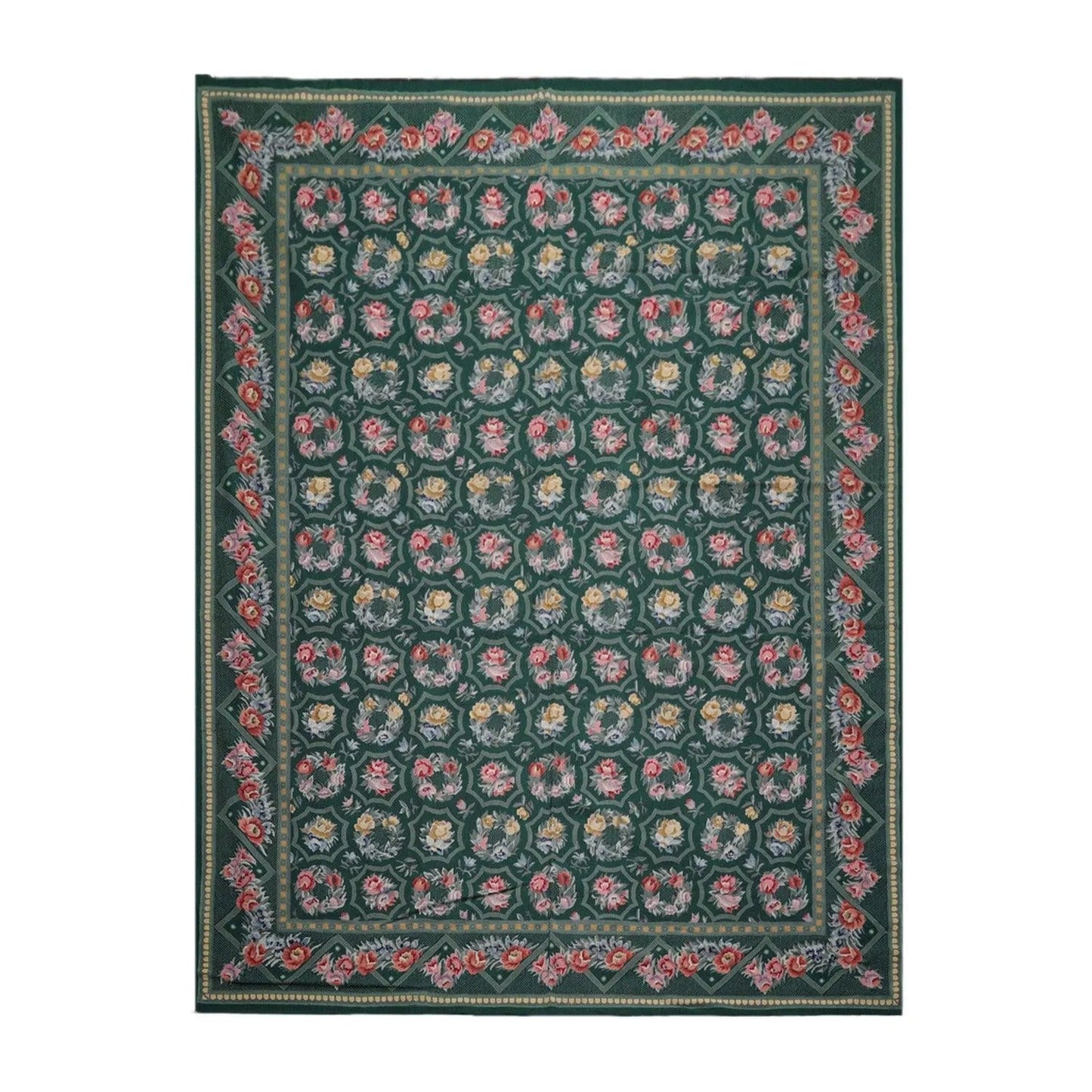 Hand Woven 100% Wool Floral French Aubusson Needlepoint Area Rug Green 9' x 12'-1