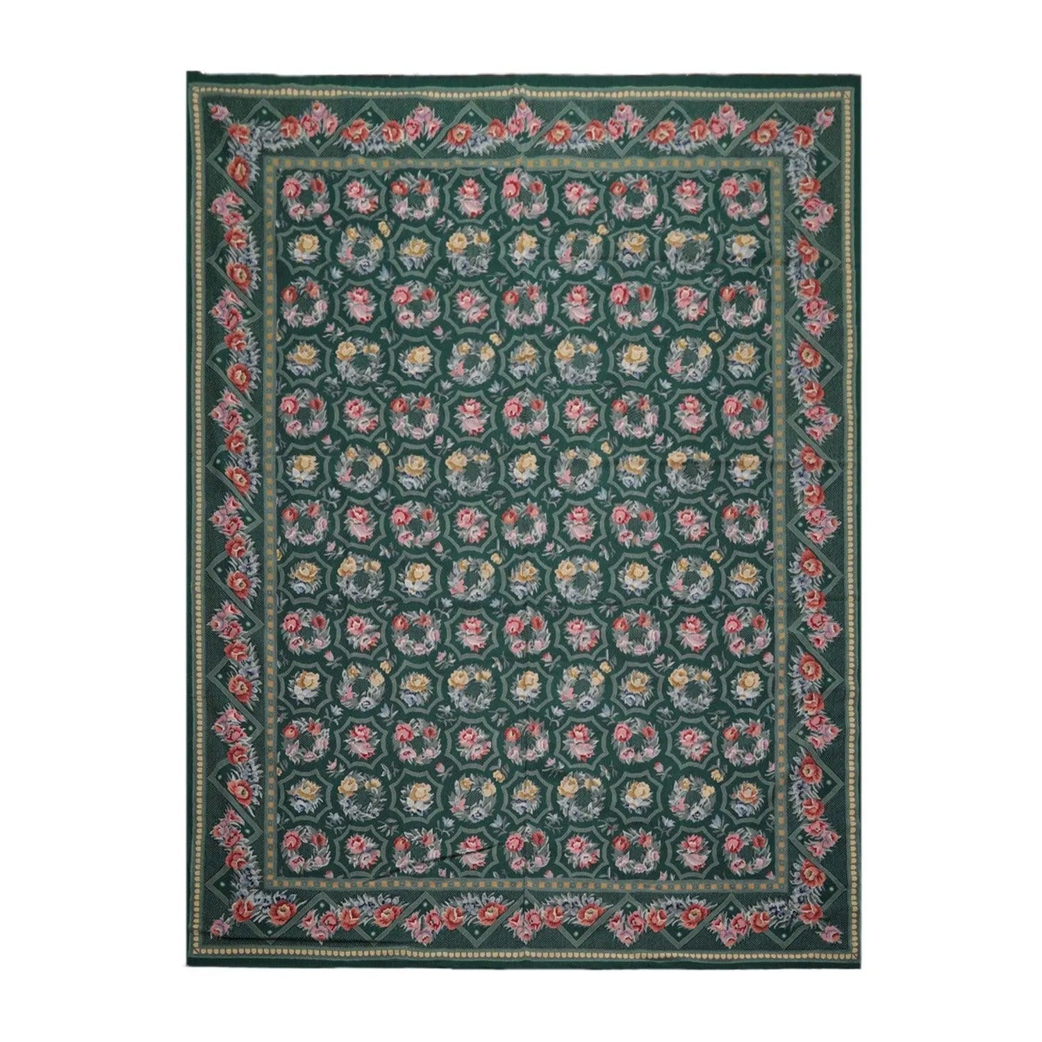 Hand Woven 100% Wool Floral French Aubusson Needlepoint Area Rug Green 9' x 12'-1