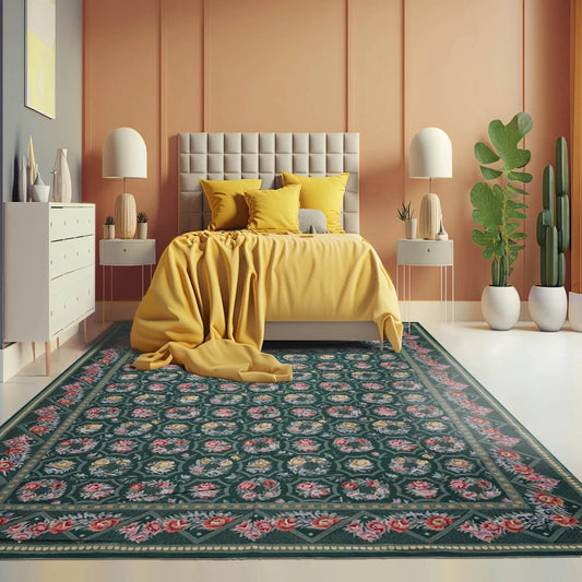 Hand Woven 100% Wool Floral French Aubusson Needlepoint Area Rug Green 9' x 12'-0