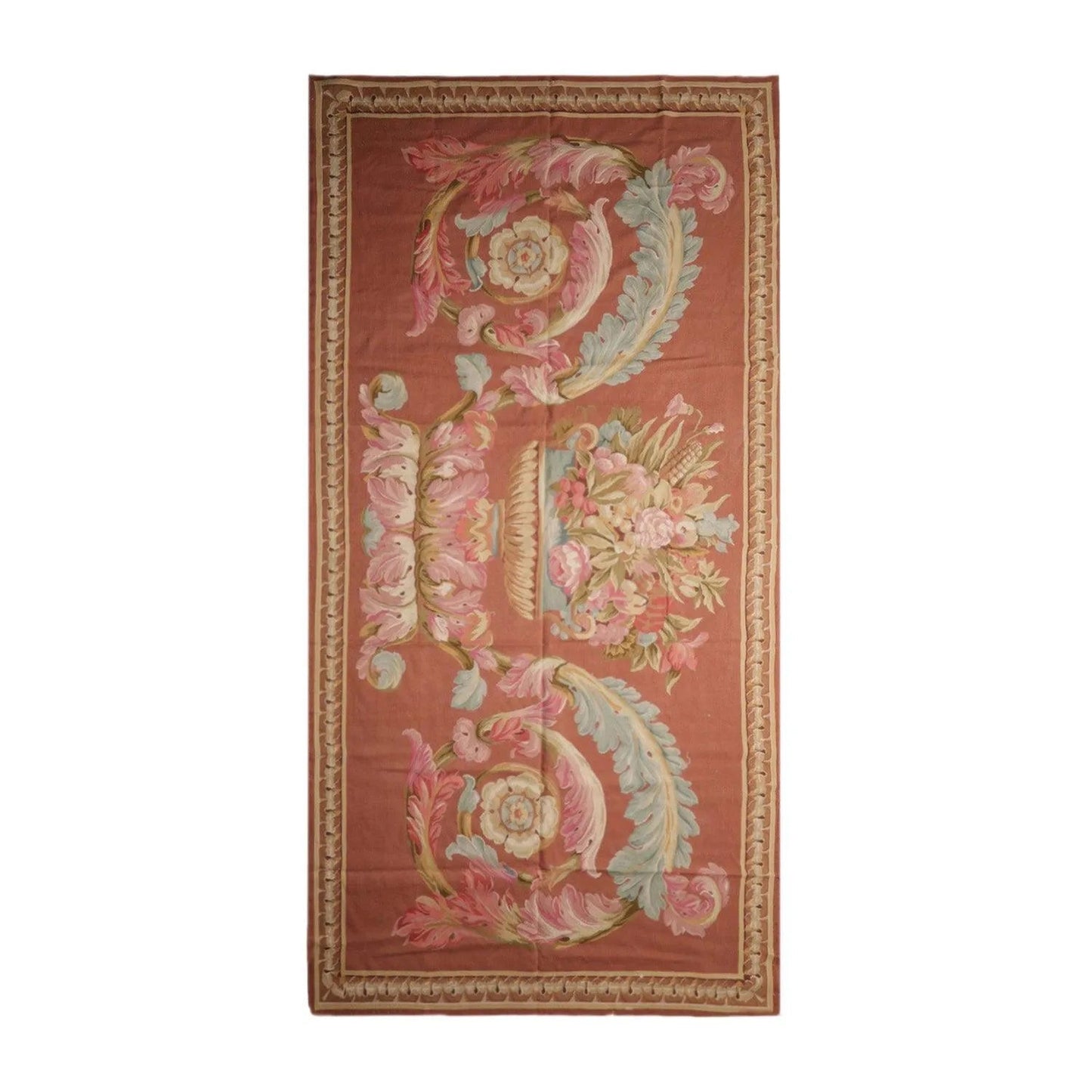 French Aubusson Hand Woven 100% Wool Traditional Scrolls Area Rug Rose 6'x12'-1