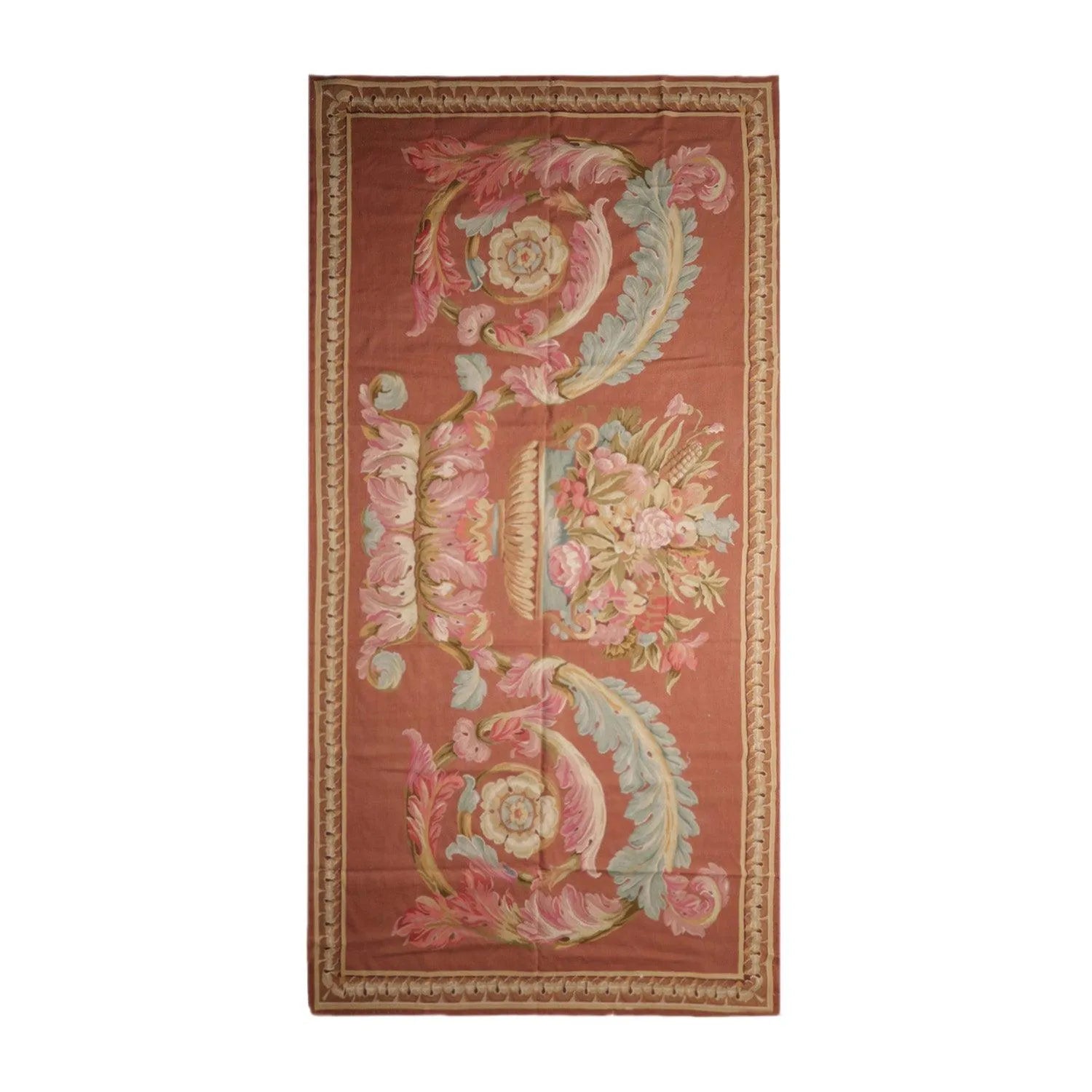 French Aubusson Hand Woven 100% Wool Traditional Scrolls Area Rug Rose 6'x12'-1