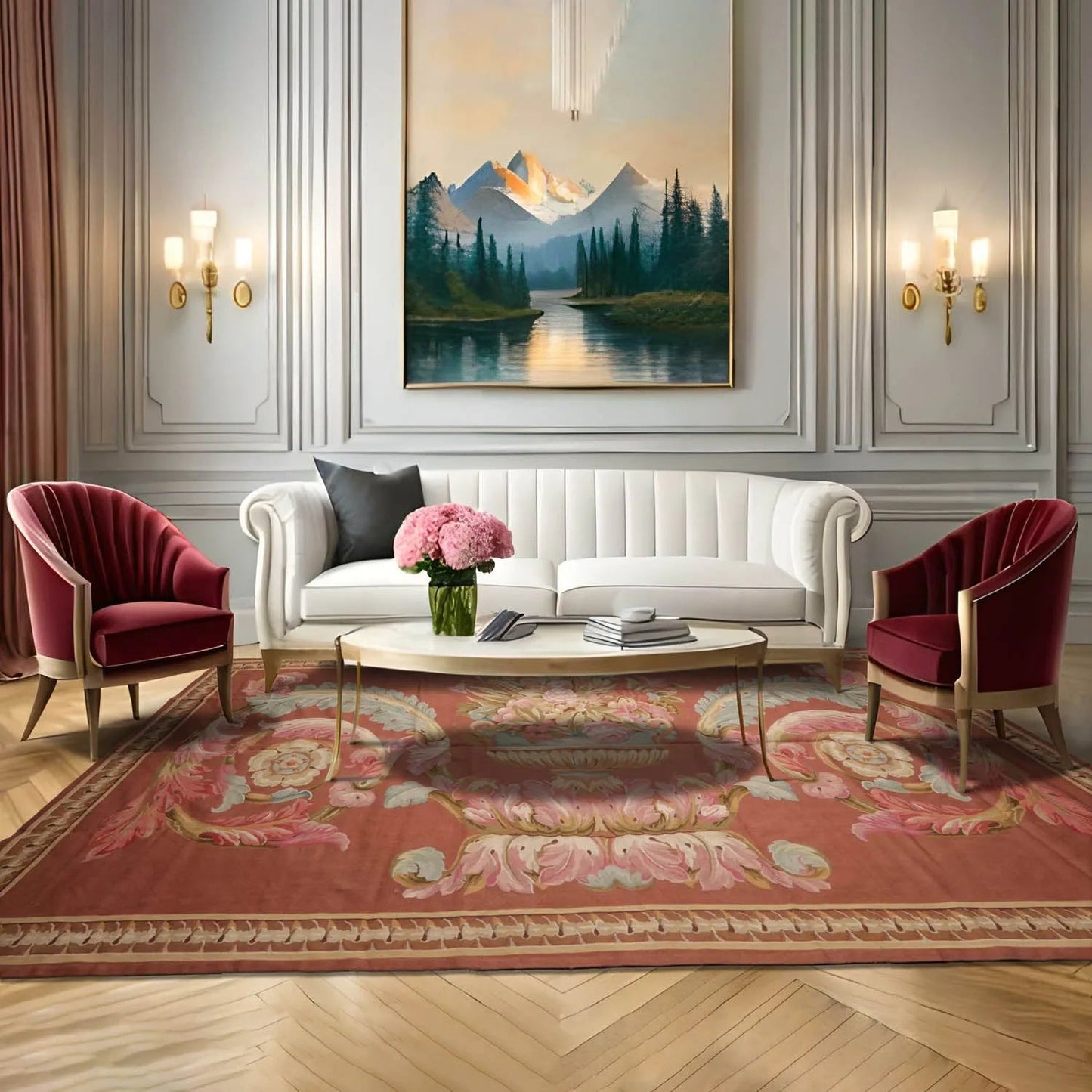 French Aubusson Hand Woven 100% Wool Traditional Scrolls Area Rug Rose 6'x12'-0