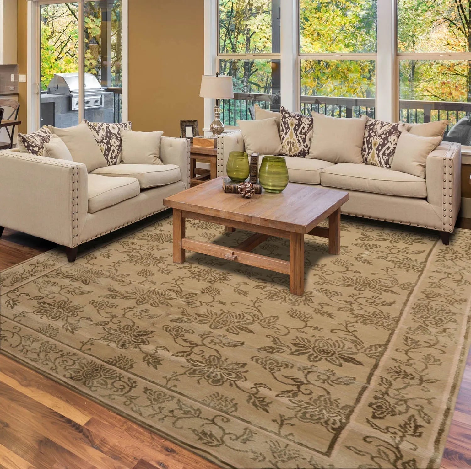 Tibetan Hand Knotted Wool & Silk Transitional Oriental Area Rug Tan 6' x 9'-0