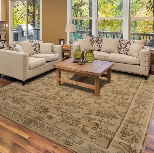 Tibetan Hand Knotted Wool & Silk Transitional Oriental Area Rug Tan 6' x 9'-0
