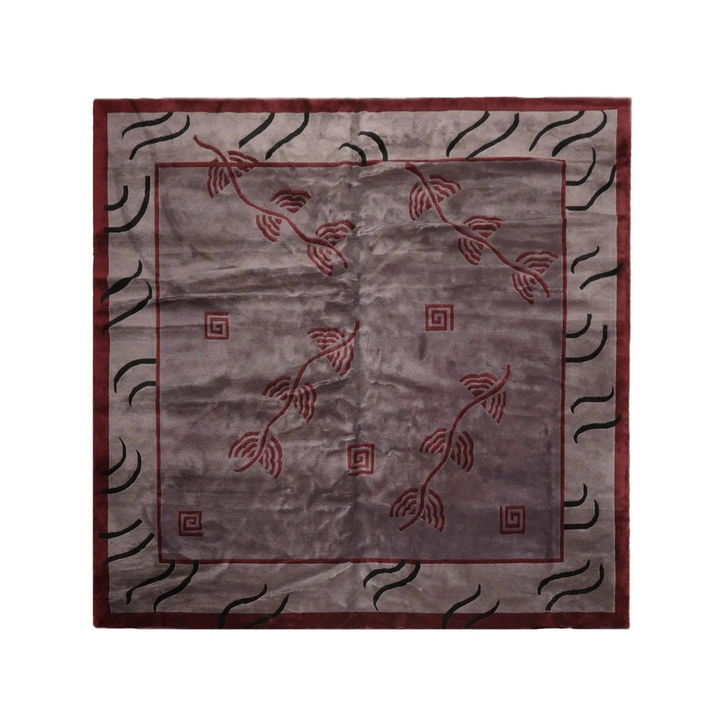 Endless Knots Tibetan Square Hand Knotted Wool Area Rug Aubergine 9'4'' x 9'6''-1