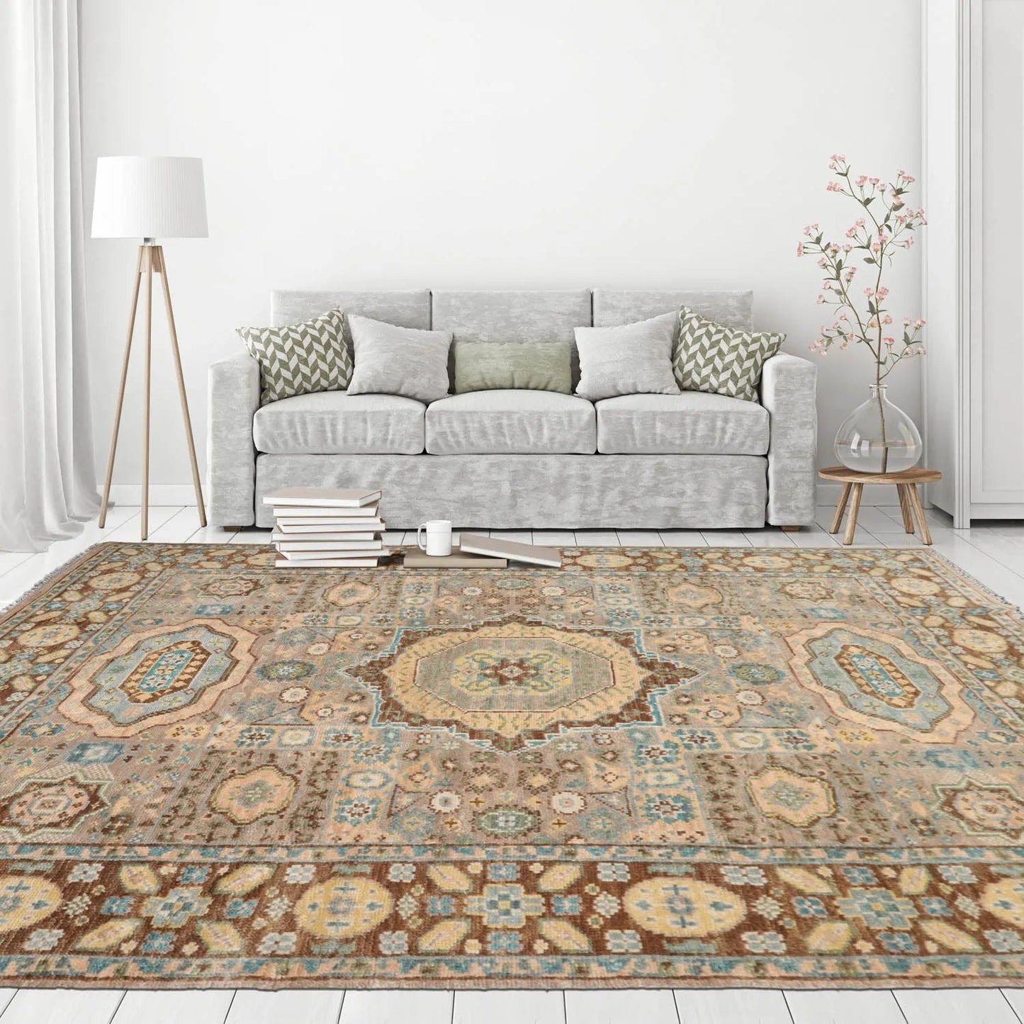 8'x10 Hand Knotted Muted Turkish Oushak 100% Wool Traditional Oriental Area Rug Taupe, Teal Color-1