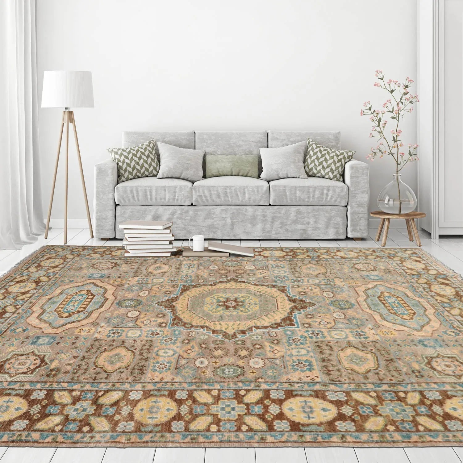 8'x10 Hand Knotted Muted Turkish Oushak 100% Wool Traditional Oriental Area Rug Taupe, Teal Color-1