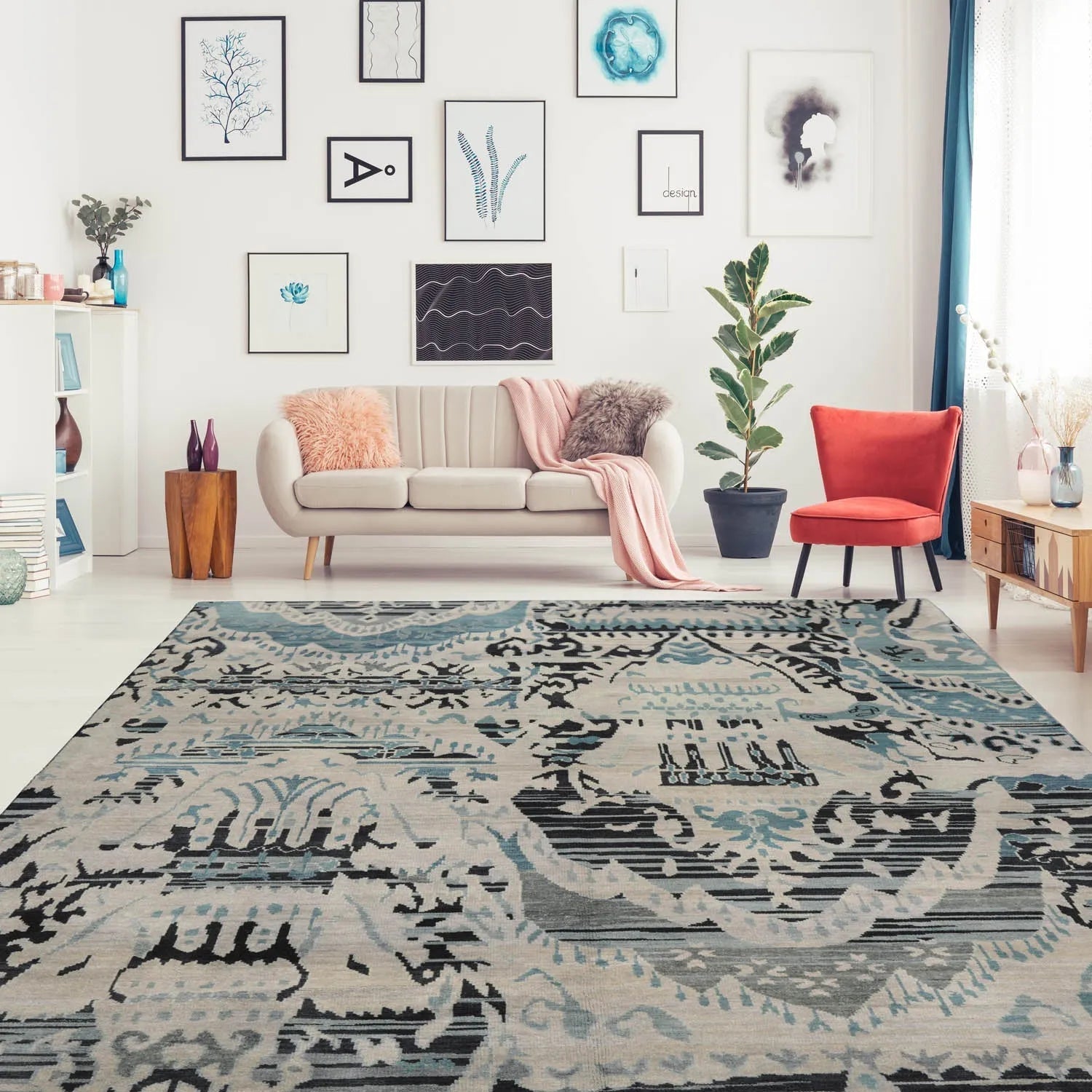 9x12 Hand Knotted Oushak 100% Wool Modern & Contemporary Oriental Area Rug Gray Beige, Charcoal Color-1
