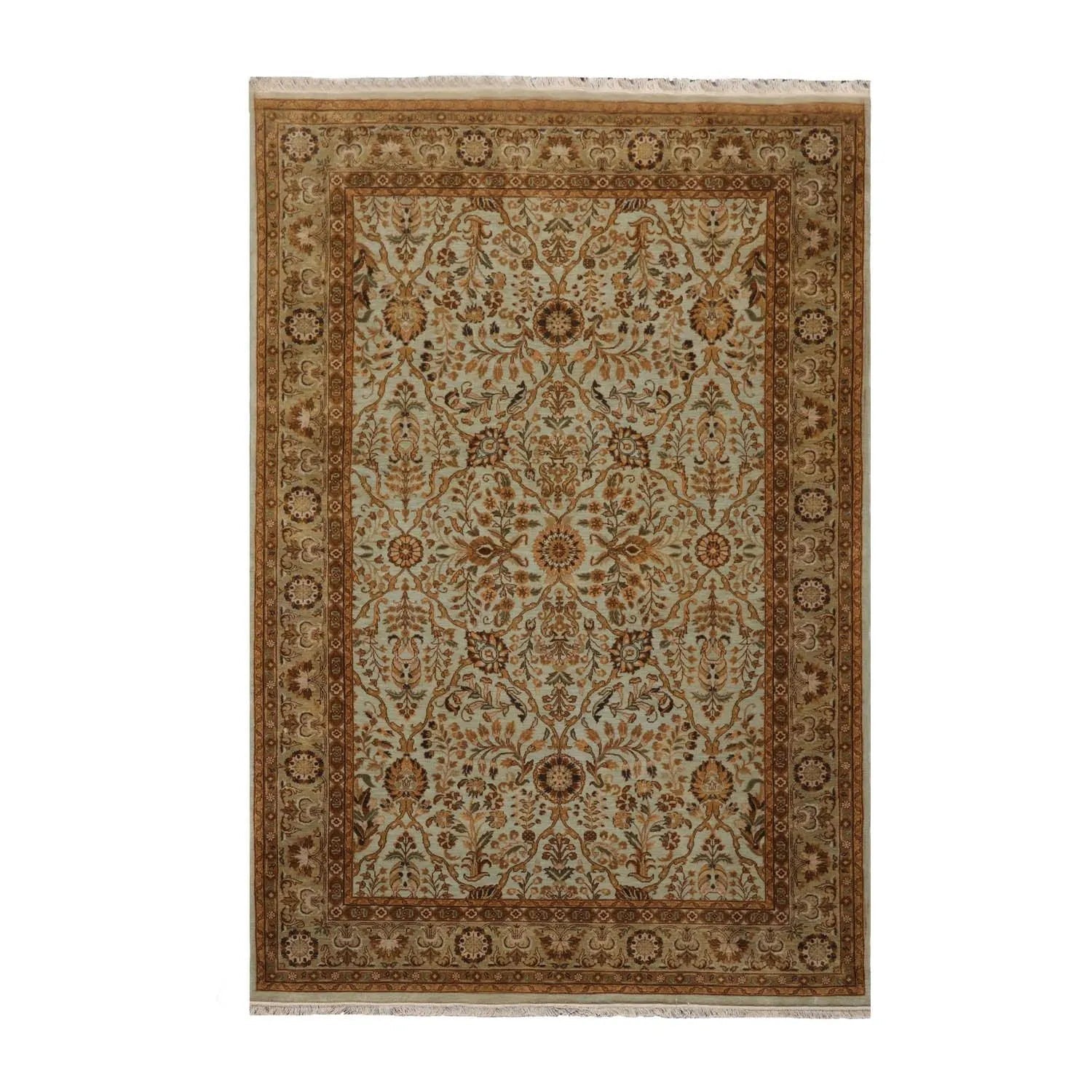 6' x 9' 1'' Hand Knotted 100% Wool Agra Traditional 250 KPSI Oriental Area Rug Aqua, Champagne Color-2