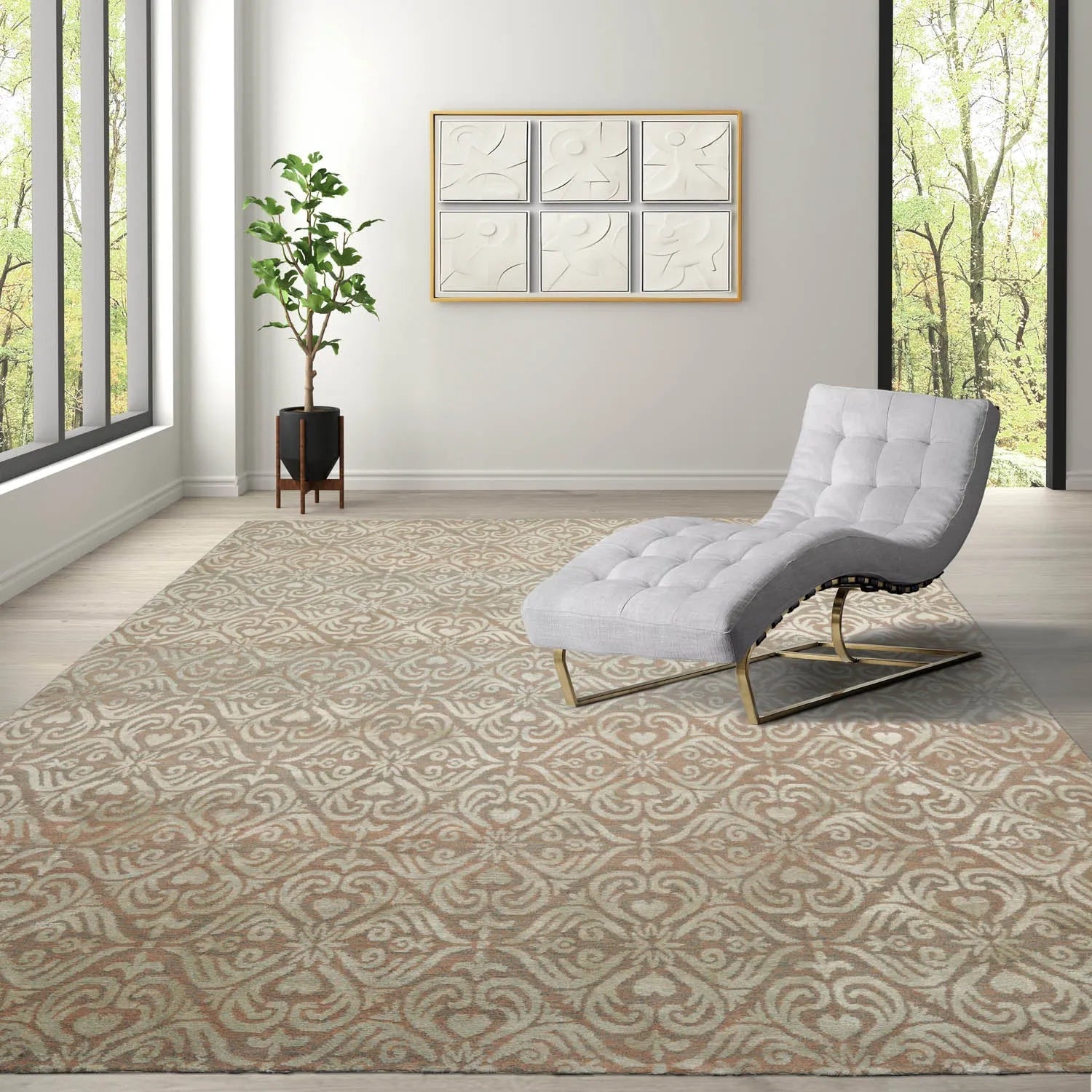 6x9 Aqua, Beige Hand Knotted Wool and Silk Tibetan Traditional Oriental Area Rug-1