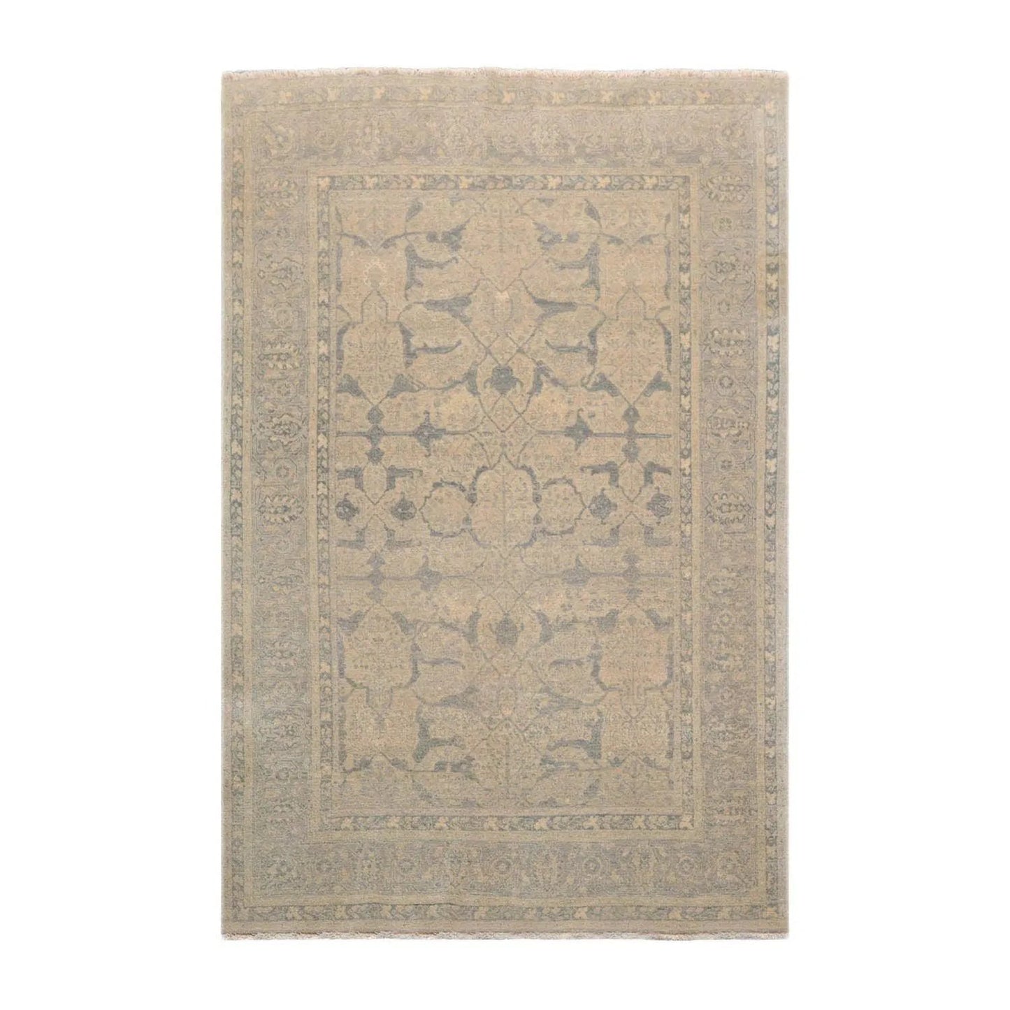 5'11''x8'11'' Hand Knotted Tibetan 100% Wool Tibetan Transitional Oriental Area Rug Beige, Gray Color-1