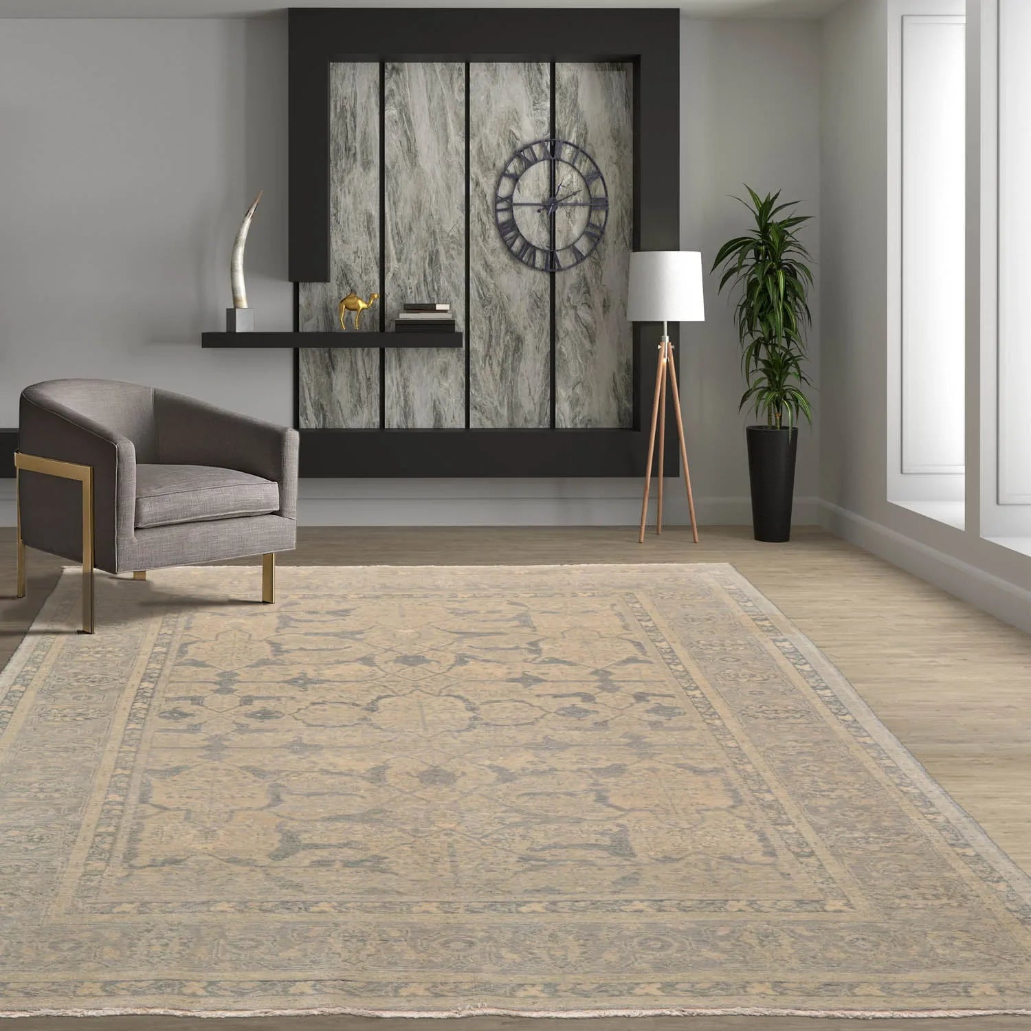 5'11''x8'11'' Hand Knotted Tibetan 100% Wool Tibetan Transitional Oriental Area Rug Beige, Gray Color-0