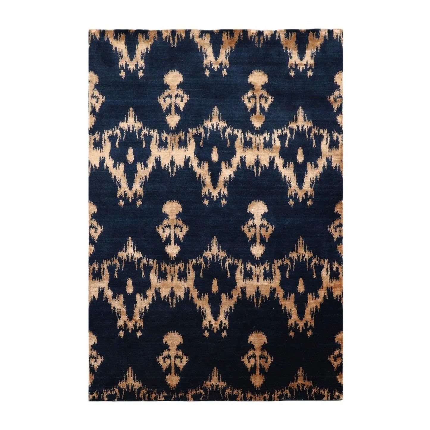 4'1''x6' Hand Knotted Tibetan Wool and Bamboo Silk Tibetan Traditional Oriental Area Rug Navy, Beige Color-0