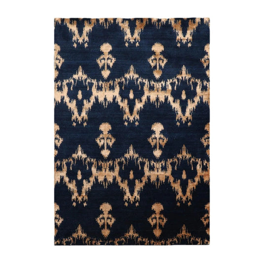 4'1''x6' Hand Knotted Tibetan Wool and Bamboo Silk Tibetan Traditional Oriental Area Rug Navy, Beige Color-0