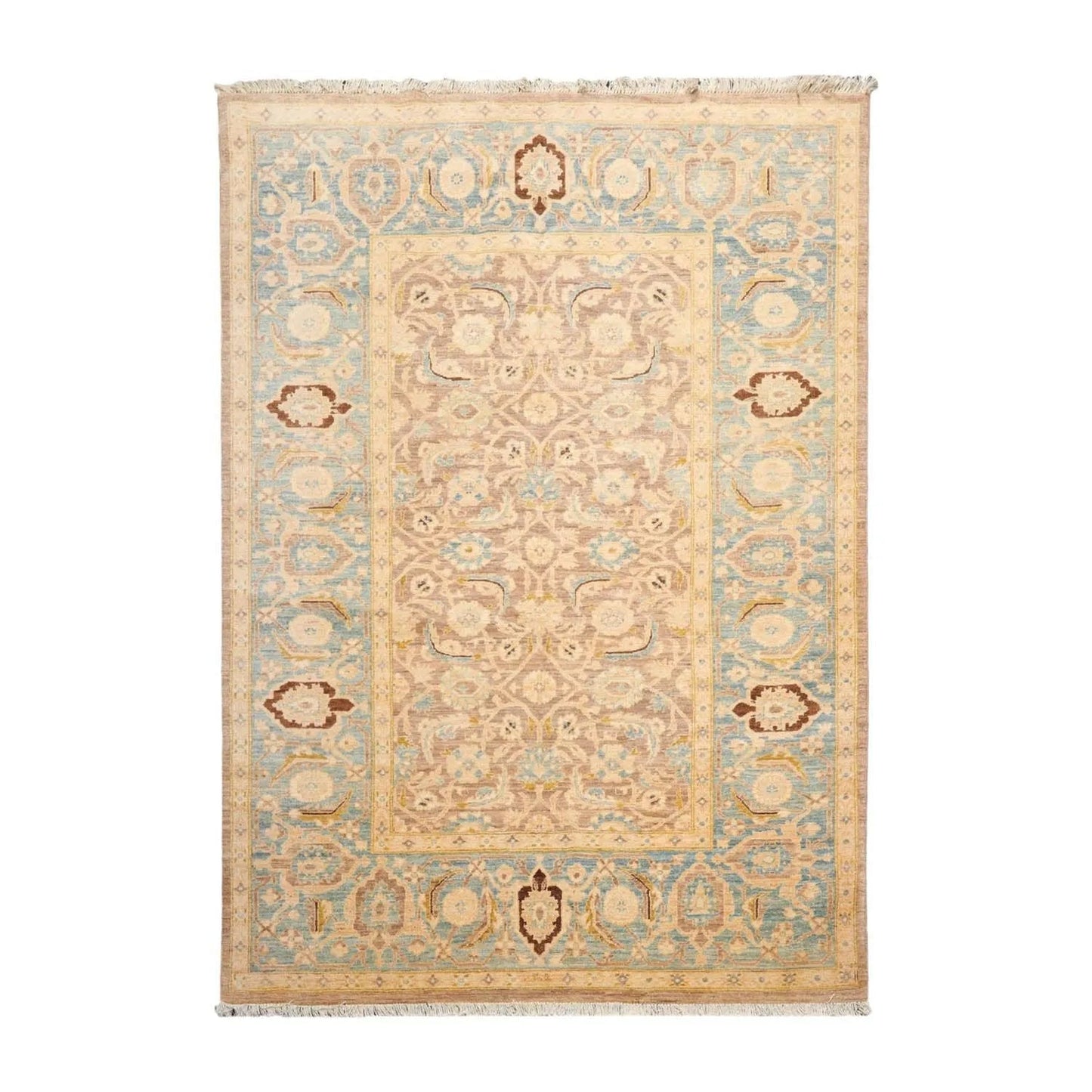 6'x8'9'' Hand Knotted 100% Wool Peshawar Traditional Oriental Area Rug Taupe, Aqua Color-1