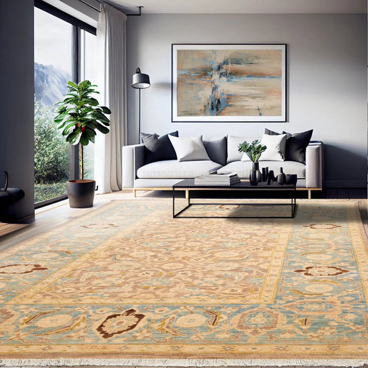 6'x8'9'' Hand Knotted 100% Wool Peshawar Traditional Oriental Area Rug Taupe, Aqua Color-0