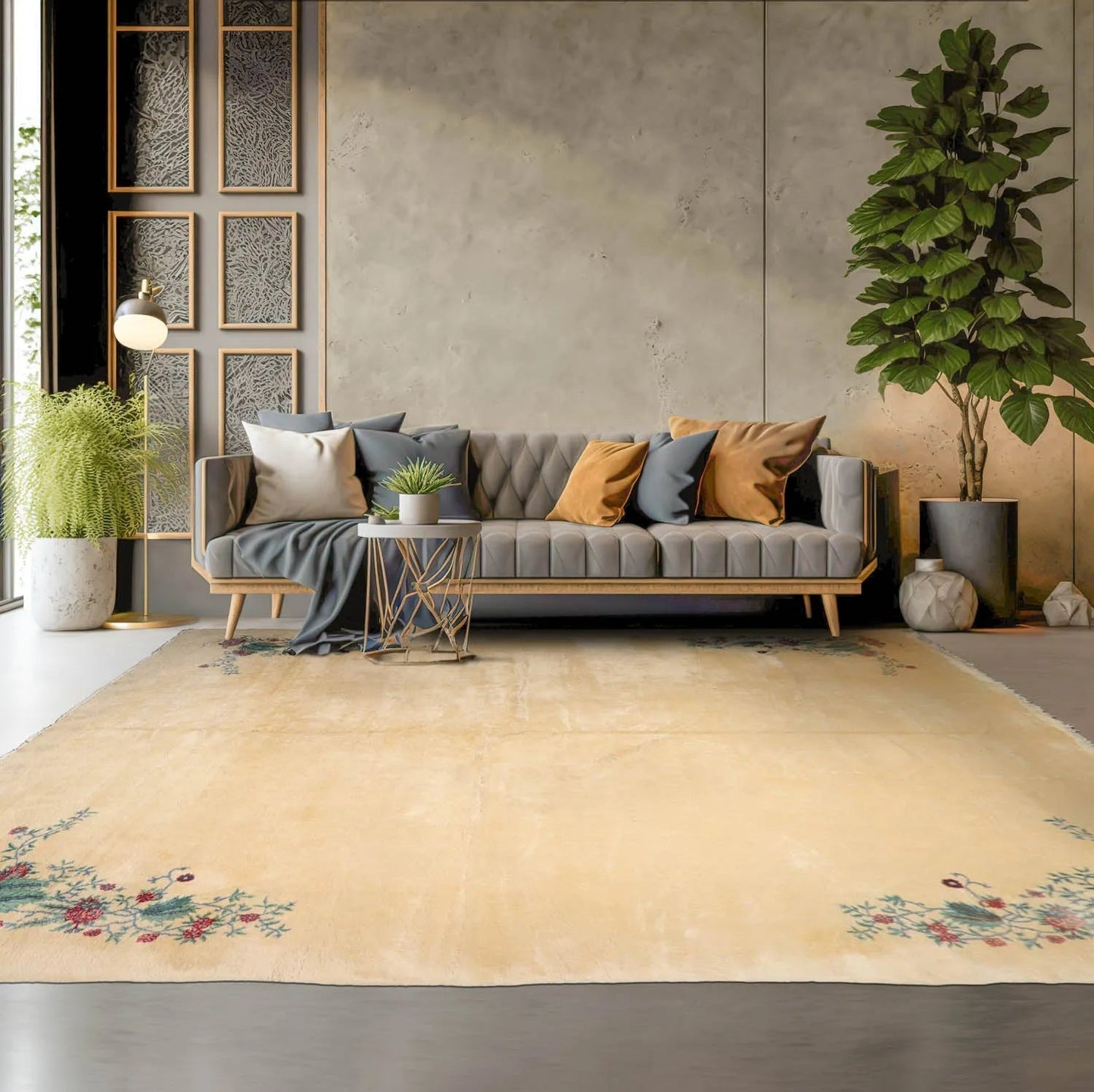 13'4''x16'2'' Hand Knotted 100% Wool Art Deco Traditional Oriental Area Rug Ivory, Turquoise Color-1