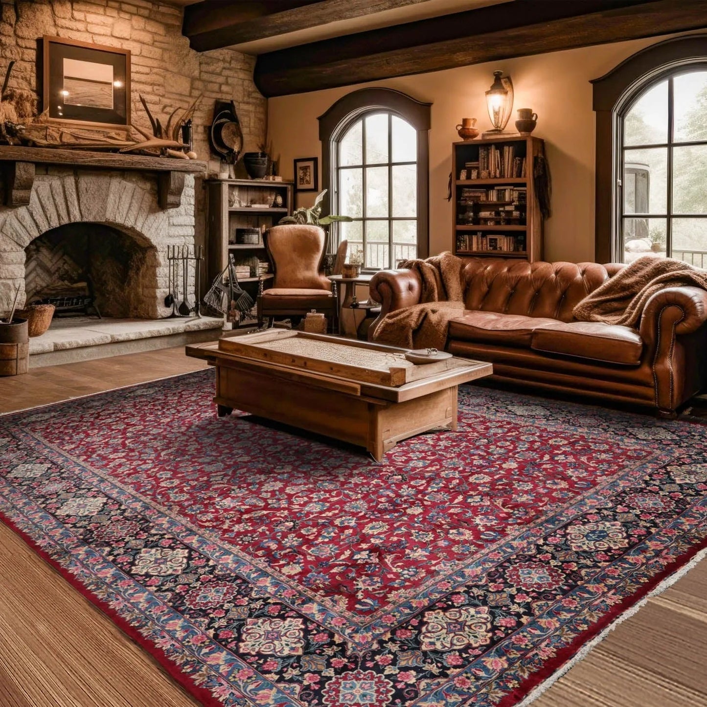 13'x18'8'' Palace Burgundy, Navy Hand Knotted Persian 100% Wool Traditional Mashad 200 KPSI Oriental Area Rug-0