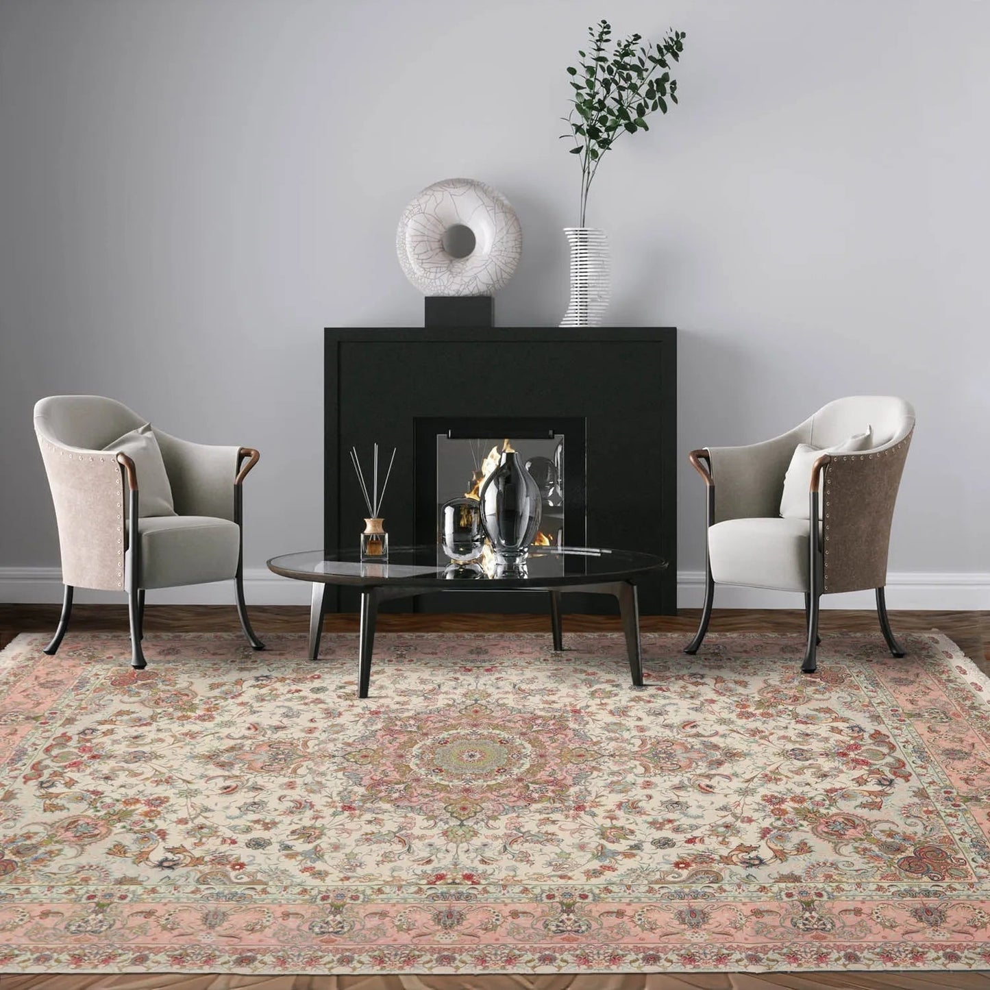 6x9 Hand Knotted Wool and Silk Traditional Tabriz Master Weaver Signed 400 KPSI Oriental Area Rug Ivory, Blush Color-0