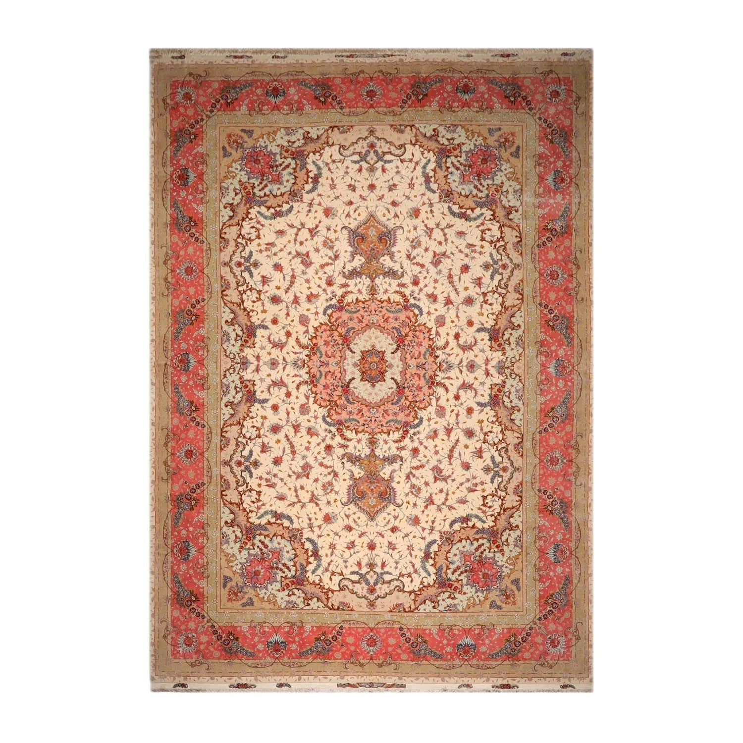 11'7'' x 16'9'' Ivory, Rose Palace Hand Knotted Wool and Silk Traditional Tabriz 350 KPSI Master Weaver Signed Oriental Area Rug-1