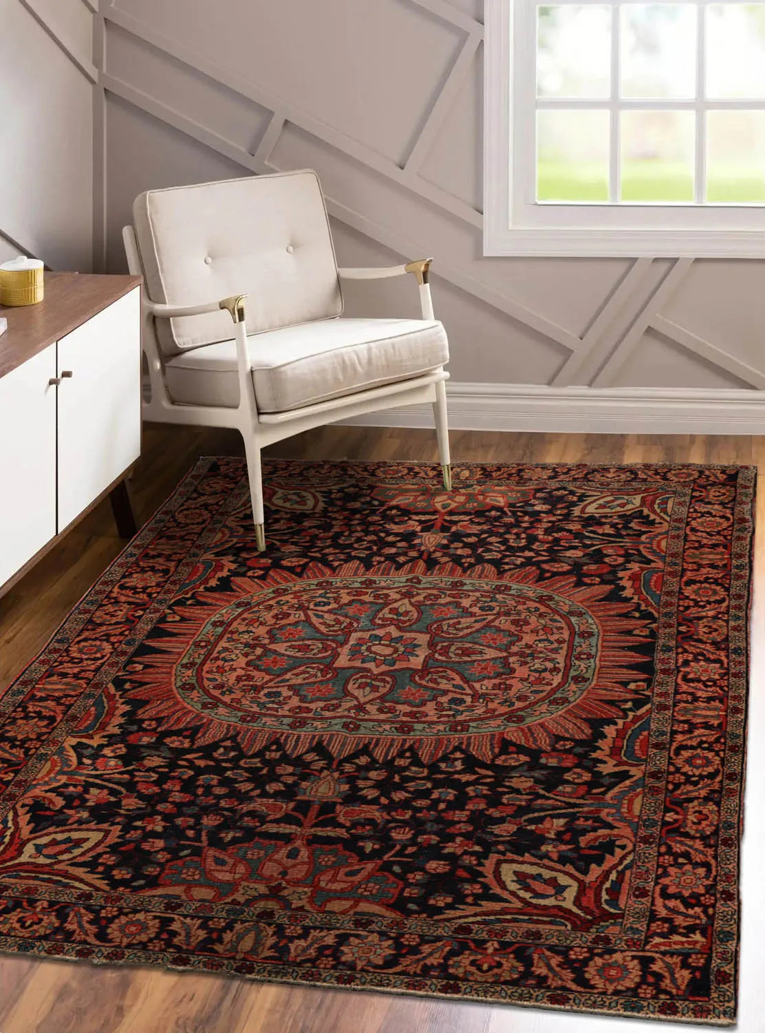 4' 11''x6' 9'' Hand Knotted 100% Wool Antique  Traditional Oriental Area Rug Midnight Blue, Rose Color-0