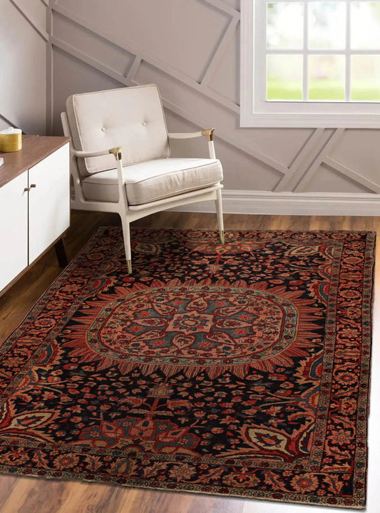 4' 11''x6' 9'' Hand Knotted 100% Wool Antique  Traditional Oriental Area Rug Midnight Blue, Rose Color-0