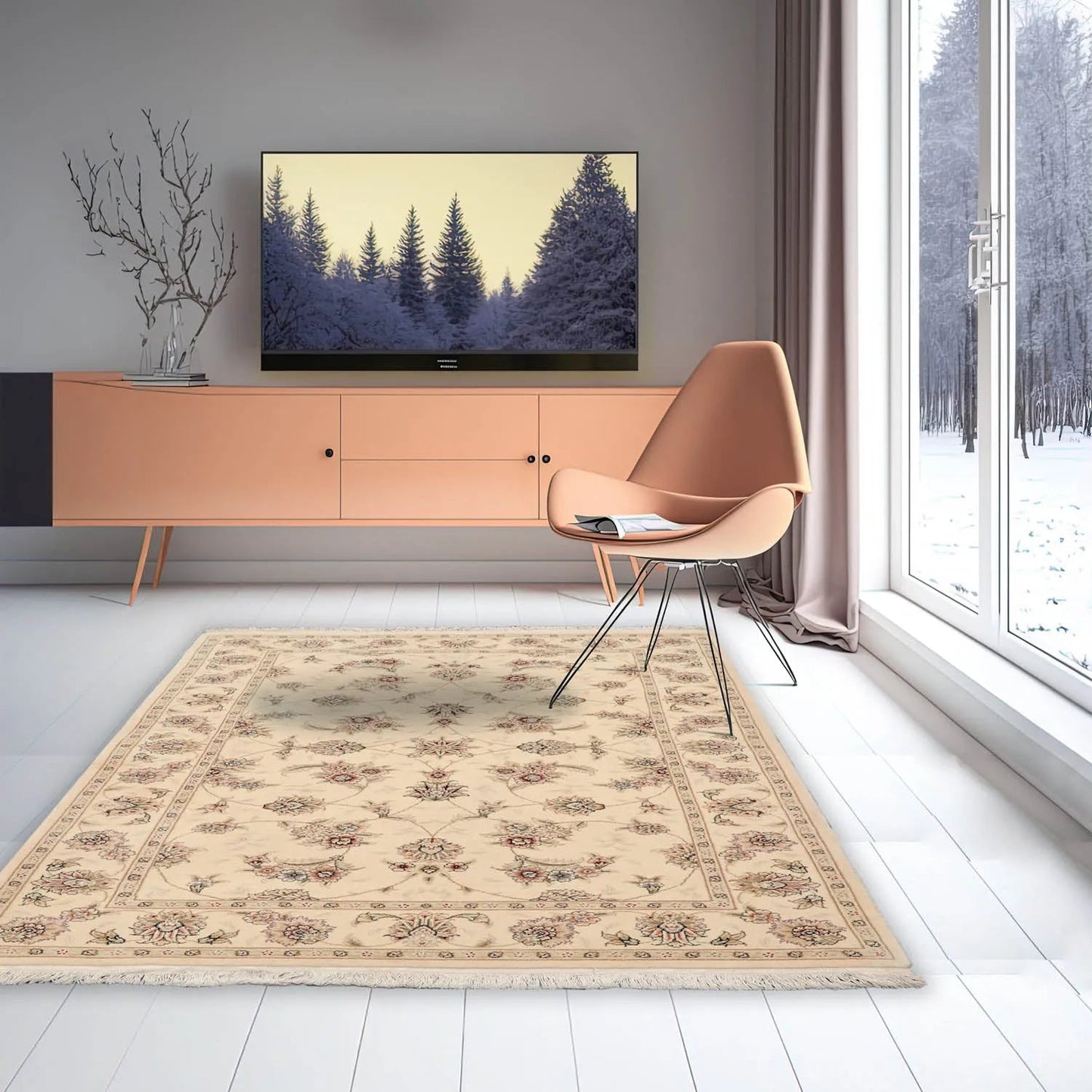 4'x6'Ivory, Brown Hand Knotted Sino Persian Wool and Silk Sino Persian Traditional 300 KPSI Oriental Area Rug-0